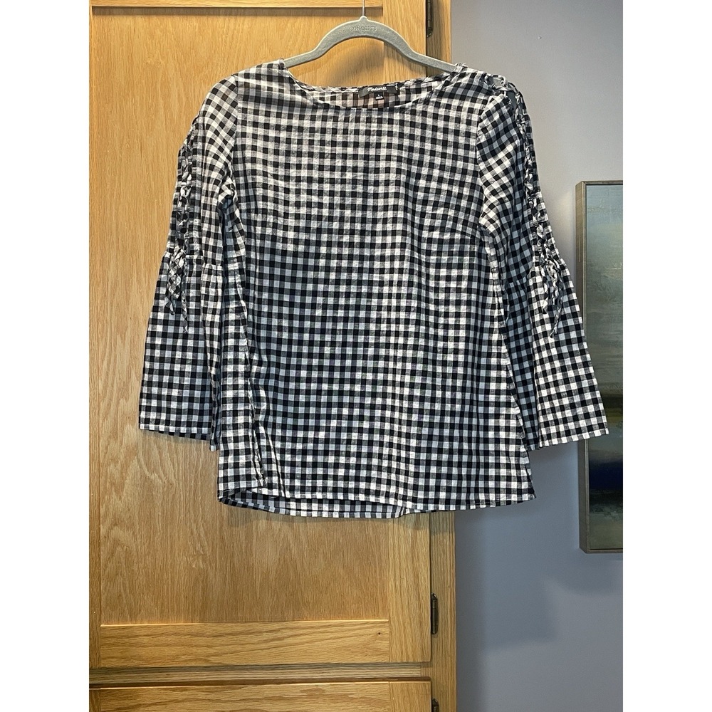 Madewell Gingham Check Tie Sleeve Blouse Black White 3/4 Bell Sleeve Top Small